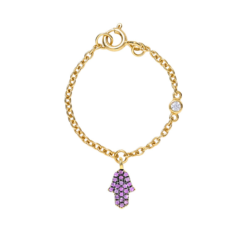 Load image into Gallery viewer, Hamsha watch charm in 14 kt gold with Pink Sapphire
