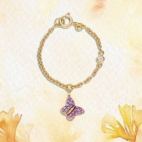 Lucky Butterfly watch charm in 14 kt gold with Pink Sapphire