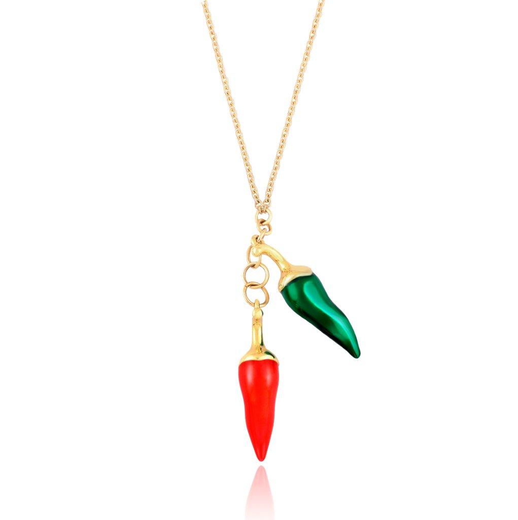 14ct Yellow Gold Red and Green Enameled Chilies Charm Necklace